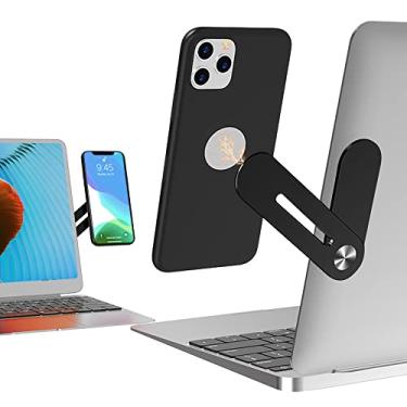 Imagem de Suporte de telefone para laptop, clipe de montagem lateral ajustável para laptop, suporte de expansão para monitor de computador, suporte fino e portátil dobrável para smartphone Melhora a eficiência do escritório. Preto