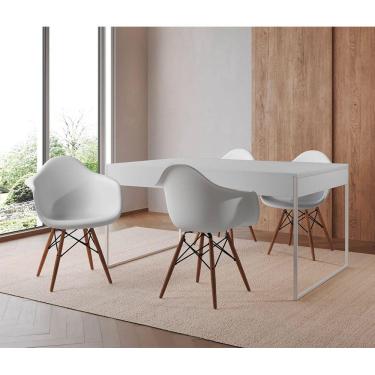 Imagem de Mesa Jantar Industrial Filadélfia Branca 137x90cm Base Ferro Branco com 4 Poltronas Brancas Eames Ei