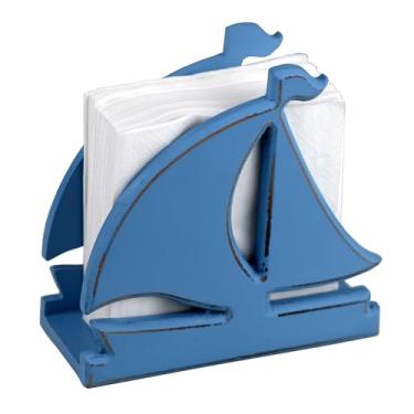 Imagem de Porta-guardanapos de madeira para mesa, decoração de praia para casa, suporte de guardanapos de veleiro náutico (veleiro azul, MDF)