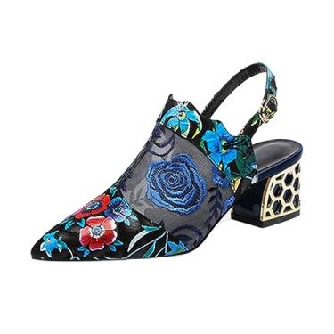 Imagem de Sandálias de renda com fivela de cinto de malha floral salto feminino primavera sapatos femininos clássicos bico fino sandálias femininas sapatos de festa, Azul, 36 M EU