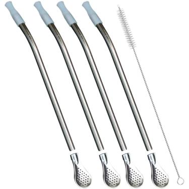 Imagem de Canudo reutilizável Bombilla Yerba Mate - Filtro de aço inoxidável removível estilo colher com ponta de silicone macio - canudo de metal para beber chá de folhas soltas, café - Inclui escova de