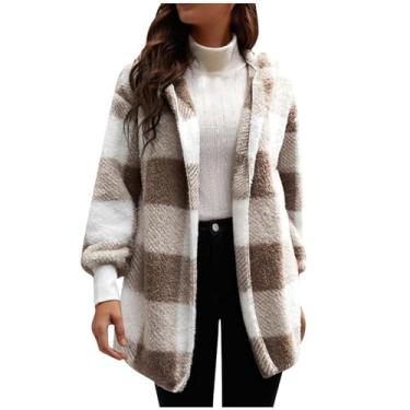 Imagem de Casaco feminino xadrez felpudo casual lapela manga longa botão casaco feminino inverno quente grosso aconchegante jaqueta de lã sherpa, 03#cáqui, GG