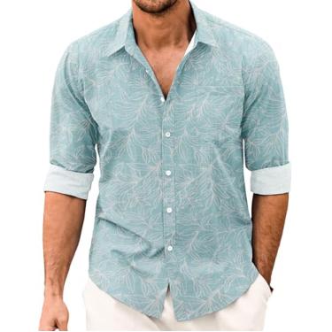 Imagem de COOFANDY Camisa masculina casual com botões e manga comprida de cambraia de linho, Folhas azul-claro, M