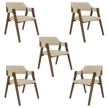 Imagem de Kit 5 Cadeiras Sala de Jantar e Jogos Carteados Madeira Maciça Poker Linho OffWhite/Nogueira G42 - Gran Belo