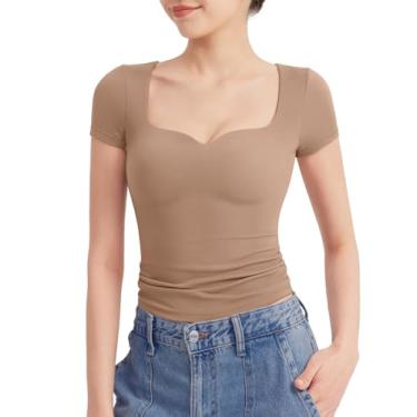 Imagem de Camiseta feminina sexy com decote em coração e manga curta para sair, justa, sexy, Café, P