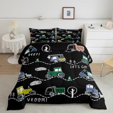 Imagem de Jogo de cama infantil com desenho animado de dinossauro, desenho kawaii, dinossauro, com tema de caminhão, decoração de quarto, preto