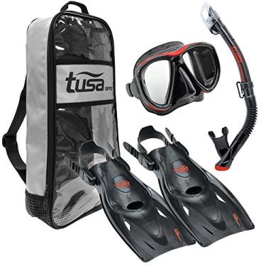 Imagem de TUSA Sport – Máscara Powerview para adultos, snorkel seco e conjunto de viagem para nadadeiras, Black/Red, Medium