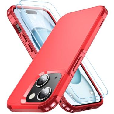 Imagem de AEDILYS Capa à prova de choque para iPhone 15, [proteção contra quedas de grau militar de 4,5 m], com 2 x [protetor de tela de vidro temperado] com para-choques de ar, capa protetora de corpo inteiro para celular, vermelha