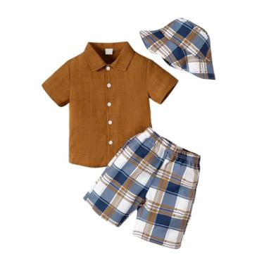 Imagem de Arshiner Conjuntos curtos de algodão e linho para meninos, camisa de manga curta e shorts com chapéu balde roupas de praia de verão, Browm - Xadrez, 8