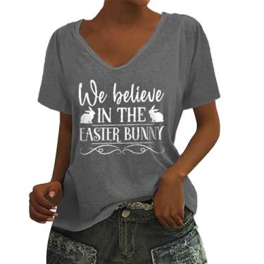 Imagem de Camiseta feminina de manga curta Happy Easter Day, suéter fofo de coelho, gola redonda, camisa moderna para mulheres 2024, Cinza, P
