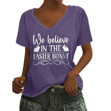 Imagem de Camiseta feminina de manga curta Happy Easter Day, suéter fofo de coelho, gola redonda, camisa moderna para mulheres 2024, Roxa, XXG