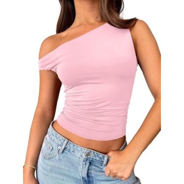 Imagem de CALEBGAR Camisetas femininas com ombros de fora, sem mangas, assimétricas, para sair, caimento justo, franzido, cropped Y2K na moda, rosa, M