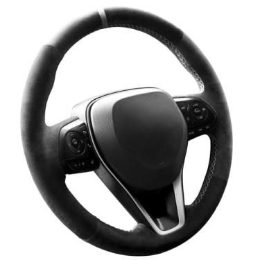 Imagem de Alfanxi Costura à mão Itália Alcantara Capa de volante para carro envoltório para Toyota Avalon/Avalon Hybrid/Camry/Camry Hybrid/RAV4 Prime/Venza (Alcantara preta com pontos + listras brancas)