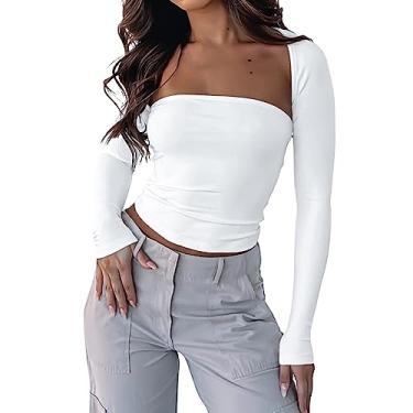 Imagem de OBEEII Blusa feminina sexy sem alças e manga comprida, bolero, conjunto de duas peças, caimento justo, Branco, Large