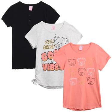 Imagem de Real Love Camiseta para meninas - Pacote com 3 camisetas de manga curta da moda - Camisetas estampadas modernas - Pacote com várias camisetas para meninas (7-16), Good Vibes Bear, 10-12