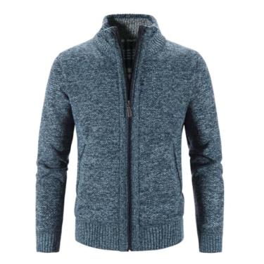 Imagem de Ruixinxue Jaqueta de malha masculina de lã, jaqueta de moletom com zíper, agasalho, gola alta, casaco de inverno, Azul, 3G