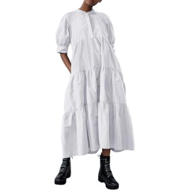 Imagem de chouyatou Vestido feminino de verão com manga bufante maxi em camadas, vestido casual evasê, rodado, camisa longa, Branco, G