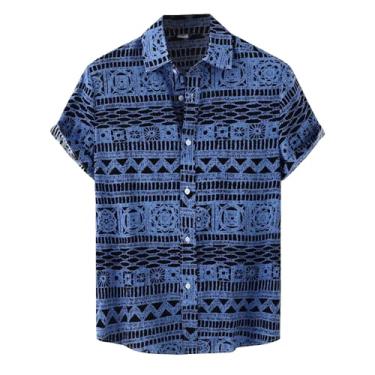 Imagem de Lifup Camisa masculina floral havaiana manga curta casual botão para praia tropical verão férias tops, Azul, 3G