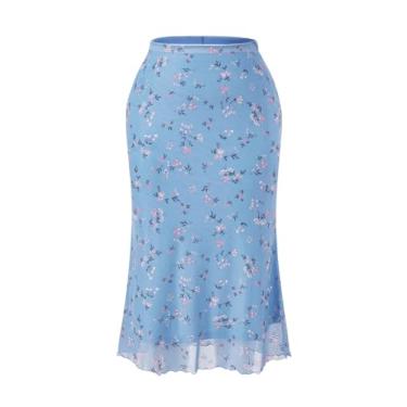 Imagem de Milumia Saia longa floral plus size feminina cintura alta saia reta de malha, Azul claro, X-Large Plus
