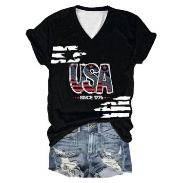 Imagem de Camiseta feminina PKDong 4 de julho patriótica EUA bandeira americana manga curta dia independente camisetas tops modernos, Preto, M