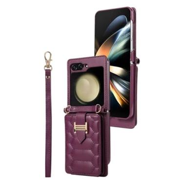 Imagem de Capa de telefone com bolsa de couro com cordão crossbody para Samsung Galaxy Z Flip 5 4 3 Flip5 Flip4 Flip3 Capa de cartão carteira com corda de pulso, roxo profundo, para Samsung Z Flip 4