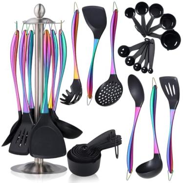 Imagem de Conjunto de utensílios de cozinha de silicone arco-íris, 17 peças, conjunto de utensílios de cozinha com suporte, utensílios de silicone resistente ao calor para cozinhar com alça de titânio de aço