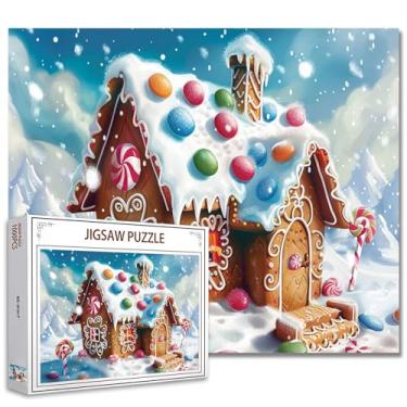 Imagem de Quebra-cabeça de 1000 peças para adultos inverno com neve pintura de casa de gengibre pirulitos doces 1000 peças jogo colorido cabine de doces decoração de parede DIY artesanato quebra-cabeça branco