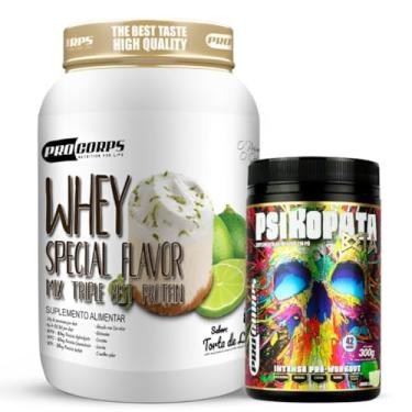 Imagem de Whey Protein 840g - 21g Proteína - Zero Açúcar + Pré Treino Psikopata Beta Limão 300g - Pro Corps (840g, Torta de Limão)