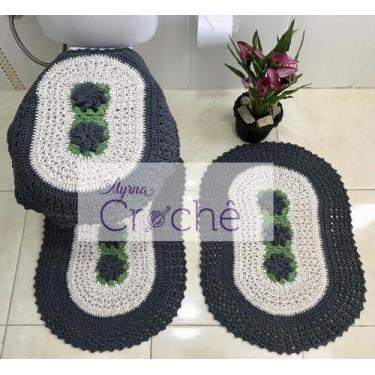 Imagem de Jogo de Banheiro Crochê Bordado Premium 3 Peças - Myrna Crochê, Cinza 