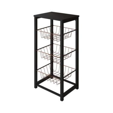 Imagem de Fruteira de Chão Cozinha Desmontada Aço Preto Cesto Cobre Tampo Preto 