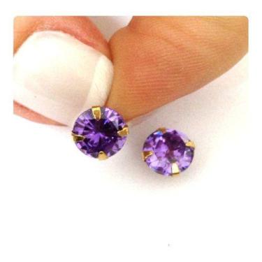 Imagem de Brinco Cálice Pedra Zirconia Cor Ametista 7mm Joia Ouro 18k - RD Magaz