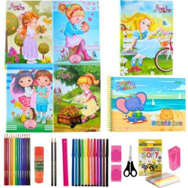Imagem de Kit 5 Cadernos Brochura Menina Material Escolar + Acessórios - Máxima 