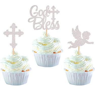 Imagem de Pacote com 24 topos de cupcake God Bless glitter cruz anjo palhetas religiosa fé Deus abençoe cupcake decorações tema chá de bebê crianças festa de aniversário decoração de bolo suprimentos prata