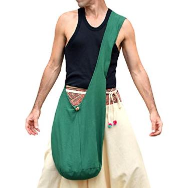 Imagem de RaanPahMuang Bolsa de ombro simples de algodão tailandês Yaam Monks, Algodão Muang - Verde floresta, Large - Long Strap