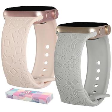 Imagem de Bandiful Pacote com 2 pulseiras geométricas fofas gravadas compatíveis com Apple Watch Watch séries 8/7/6/5/4/3/2/1/SE/Ultra, rosa e cinza de 38 mm, 40 mm e 41 mm