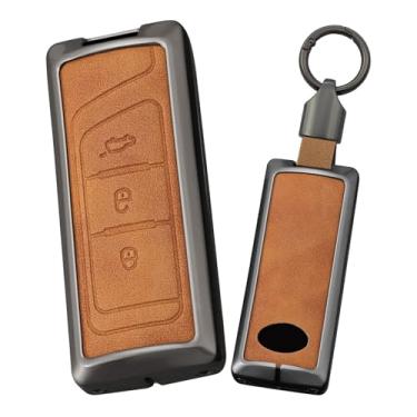 Imagem de HIBEYO Capa de chaveiro compatível com GAC Trumpchi GS5 2020 2021 2023 Trumpchi GS8 2017 2018 2019 Acessórios Capa de chave de couro e liga de zinco com chaveiro presente-E tipo marrom