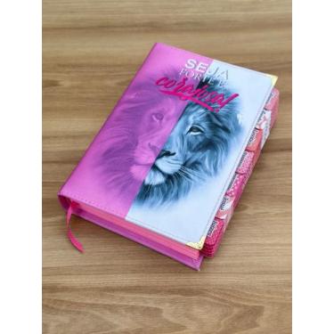 Imagem de Bíblia ARC Leão faces Rosa com abas adesivas já coladas  Capa dura aco