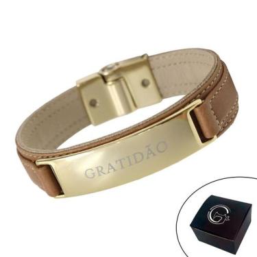 Imagem de Pulseira de Couro Masculina Feminina Gratidão Magnética Dourada Seja G