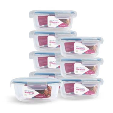 Imagem de Kit 8 Potes Redondo Vidro Hermético Forno Freezer 1300ml - NABOX, Azul