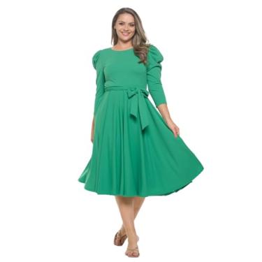 Imagem de Stylish FABRIC Vestido feminino de verão midi manga 3/4 para coquetel, bolso lateral e cintura amarrada, Verde esmeralda, G