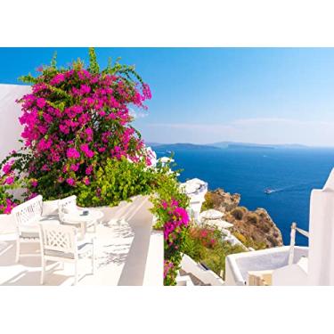 Imagem de BELECO Pano de fundo da ilha de Santorini da Grécia de 2,1 x 1,5 m para fotografia azul mar Egeu paisagem flores desabrochando fundo de Santorini tema Grécia decorações de festa estúdio cabine de