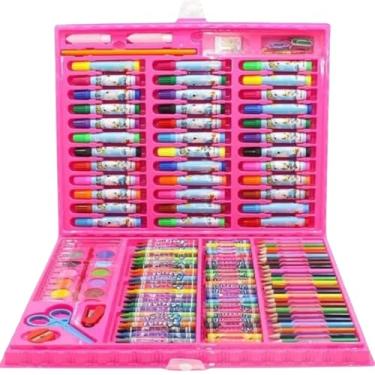 Imagem de Kit Escolar Maleta de Pintura Infantil, 150 Peças, Rosa, com Canetinhas, Giz, Lápis de Cor, Desenhos, Aquarelas e Acessórios, Presente Meninas