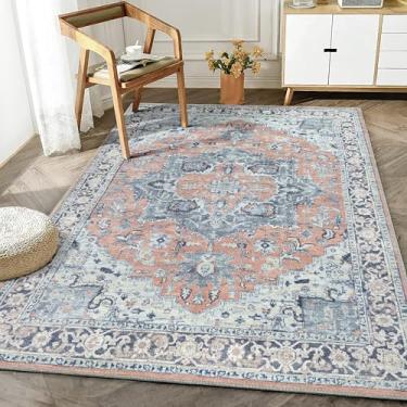 Imagem de Bloom Rugs Tapete lavável antiderrapante 1,2 m x 1,8 m - Tapete de área medalhão tradicional coral/azul para sala de estar, quarto, sala de jantar e cozinha - Tamanho exato: 1,2 m x 1,8 m
