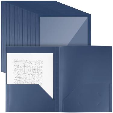 Imagem de Teling 24 pastas de plástico com bolso frontal transparente e porta-cartão de visita, 2 bolsos, pastas resistentes de plástico, tamanho carta, material de escritório (azul escuro)