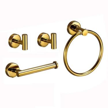Imagem de Conjunto de acessórios para banheiro de ouro brilhante, barra de toalha de aço inoxidável 304, suporte para papel higiênico, gancho, kit de prateleira para banheiro, conjunto de 4 peças A