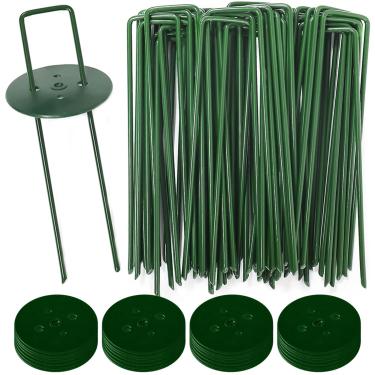 Imagem de 50 peças de grampos de grama tipo U para grama artificial + 50 peças de arruela amortecedora, estacas de jardim de 15 cm, grampos de paisagem galvanizados, pinos de grama à prova de estacas para