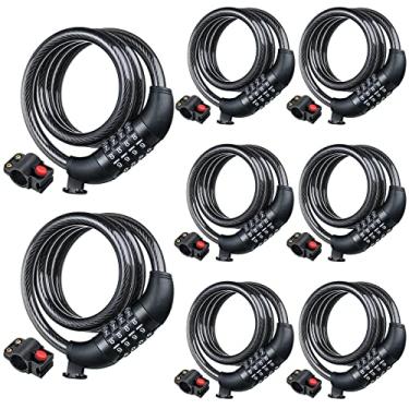 Imagem de 8 cadeados de cabo de bicicleta de alta segurança, cabo de bloqueio de bicicleta de 4 dígitos com suporte de montagem, 1,2 m, bobinamento reiniciável, trava de suporte de bicicleta, trava de cabo