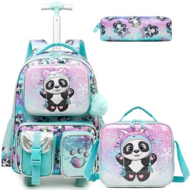 Imagem de Egchescebo Mochila Escolar Infantil com Rodinhas para Meninas e Crianças Rodas Bolsa Mala Carrinho 17” 3PCS Lancheira Juvenil Estojo Costas Divertidamente Multifuncionais Viagem Panda Verde