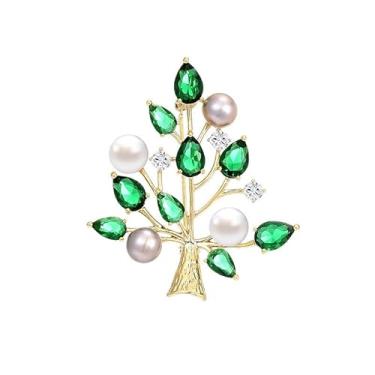 Imagem de UNVAK Broche de árvore de Natal floco de neve para mulheres broche de pérolas de água doce de strass broche de lapela banhado a ouro 18 k joias de Natal inverno presentes para esposa mãe meninas, Cobre, Zircônia cúbica
