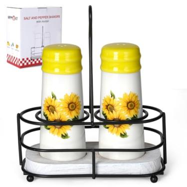 Imagem de Conjunto de saleiro e pimenteiro com suporte – Recipientes de sal de cerâmica de girassol HAPPY KIT com fundo recarregável e funil para mesa, trailer, acampamento, churrasco, conjunto de 2